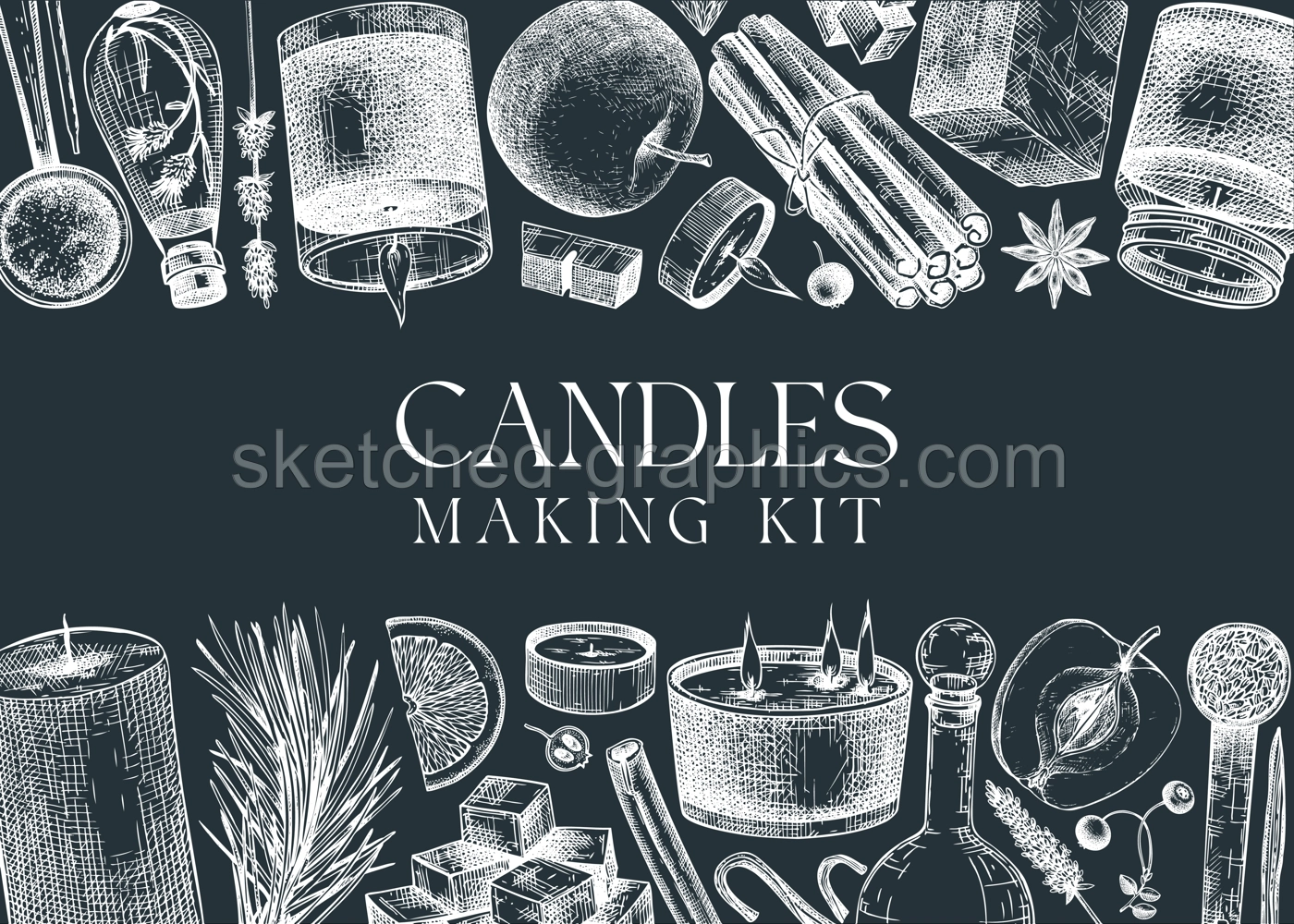 Hand sketched candles ingredients banner on chalkboard. Vintage candles, herbs, wax, fruits, spices, skewers hand drawings background. Perfect for aromatherapy, hobby, handcrafts, candle making. Illustration